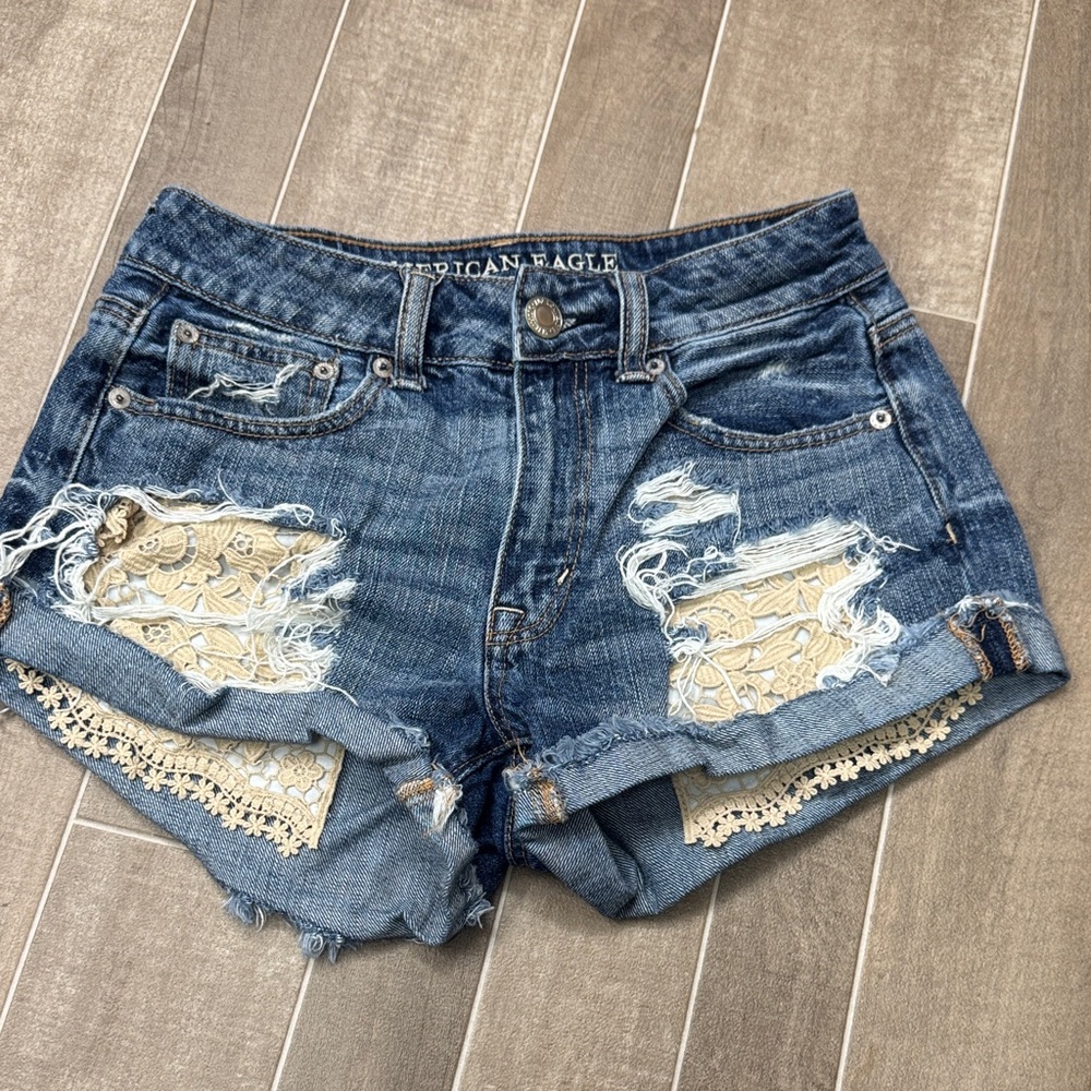 American Eagle Outfitters Dark Blue Lace Trim Jean Shorts